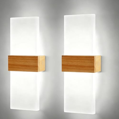 BlueXP 2 Stück LED Wandlampe Holz Acryl Weiß 28cm Innenbeleuchtung | Moderne weiße LED Wandlampen mit Holz Design und heller Acryl Oberfläche ideal für Wohnzimmer Schlafzimmer Flur