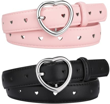 Secroma 2 Stück Gürtel Mädchen - Herz Schnalle Taillengürtel für Kleider Hosen Jeans PU Leder für 6-12 Jahre Kinder