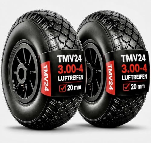 TMV24® 2X Sackkarrenrad Luftrad 3.00-4, 260x85, Nabe Ø20×75, Reifen, Schlauch & Rad Sackkarre Bollerwagen Luftreifen Ersatzrad Sackkarren Räder Rollenlager Kugellager Winkelventil Schwarz/Schwarz, L