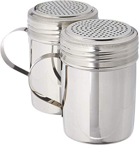 Stainless Steel 10oz Dredger Flour & Sugar Shaker, With Handle Sifter, Ideal for Icing Sugar, Salt, Chocolate, Cappuccino, Cocoa, Mince Pies, Pancakes (2 Pack)