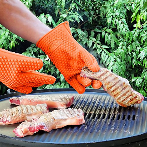 Hivel Silikon Hitzebestandige BBQ Handschuhe Heat Resistant Grill fur Backofen,Barbecue,Backen,Outdoor Kochen im - Rot