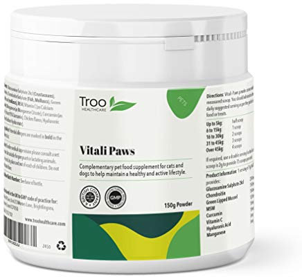 Troo Health Care Vitali-Paws Pet Joint Support Supplement Powder for Cats and Dogs 150g | Chicken Flavour | Glucosamine | Green Lipped Mussel | Chondroitin | MSM | Turmeric Curcumin | UK Manufactured