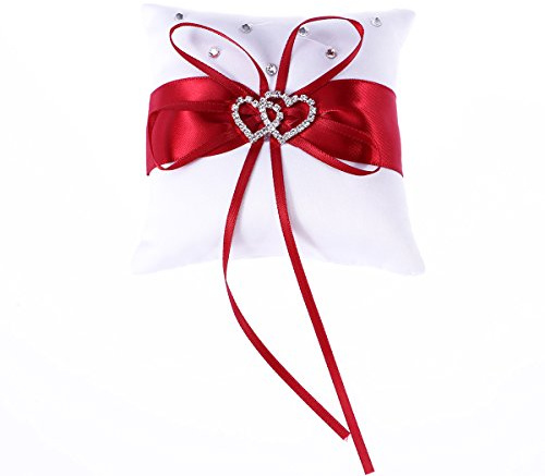 VOSAREA Wedding Ring Pillow, White Red Bridal Ring Bearer Holder Cushion Double Heart Wedding Ring Box Wedding Accessories Decoration Supplies 10x10cm