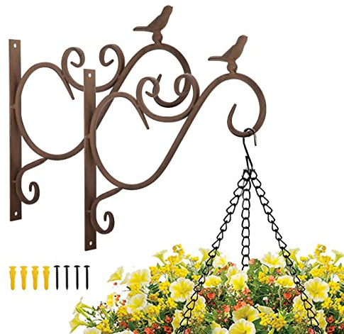 Lewondr Haken für Blumenampel, 2 Stück Retro Gusseisen Wandhaken Aufhänger Halterung mit Schrauben für Blumentöpfe Pflanzen Laternen Hängekörbe, Garten Balkon Zaun Außen Deko - Vögel 01, Retroblaun