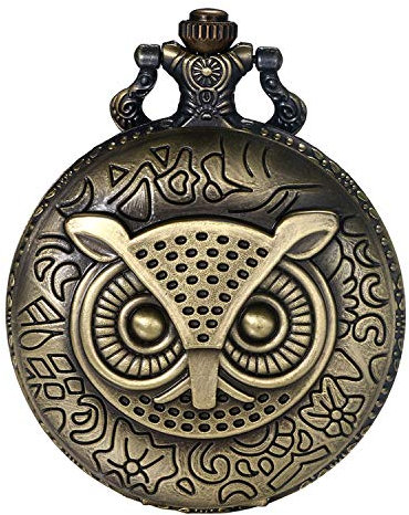 JewelryWe Taschenuhr Retro Eule Quarz Analog Uhr mit Kette Halskette Bronze Geschenk für Herren Damen