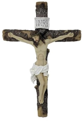 Crucifijo de Jesús colgante de madera para pared, 24 cm, decoración religiosa cristiana, figura detallada de Jesús de resina con inscripción INRI, arte de pared católico tradicional para el hogar,