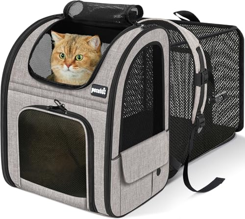 Pecute Mochila Gato＜6kg Mochilas para Gatos y Perro Transportin Gato Expandible y Plegable para Viajar en Tren/automóvil/Restaurante, Azul (Ventana de Malla)