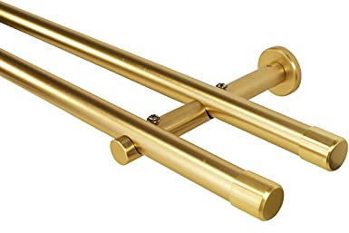 iso-design Gardinenstange 2-läufig 20 mm Durchmesser Farbe Messing matt, Komplettset aus Metall, Vorhangstange zur Wandmontage, mit Wandhaltern und Endstück Kappe, 180 cm