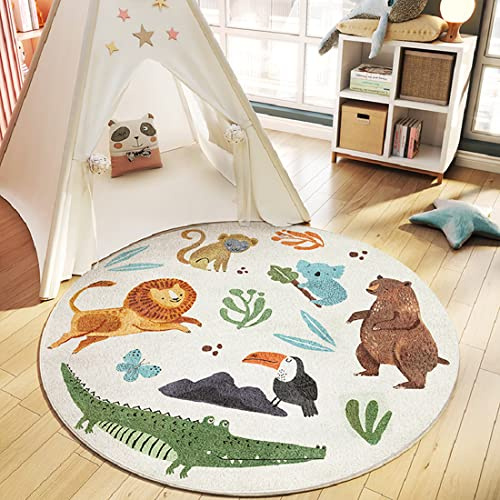 Joydec Teppich Rund Kinderzimmer, Kinderteppich Waschbar, Weicher Kuschel-Flor, Dschungel, Tiere, Löwe, AFFE, Beige, Rund, 120 x 120 cm