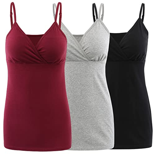 COLOMI Canottiere Premaman Allattamento Reggiseno Incorporato per Allattamento Canotta Base (L,Black+Grey+Red Wine/3Pack)