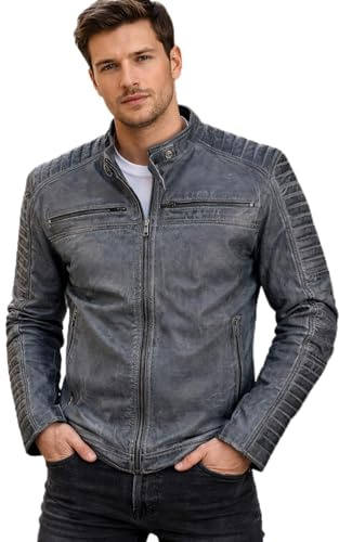 FAPA Veste en Cuir à Manches Longues - Élégante pour Motard avec Col Montant - Mi-saison en Cuir Véritable - 3 Couleurs