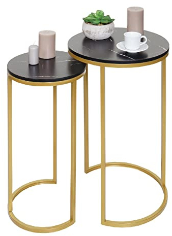Mendler 2er-Set Beistelltisch HWC-K46 Marmor-Optik MDF - schwarz-Gold | Kaffeetisch, Nachttisch, Loungetisch