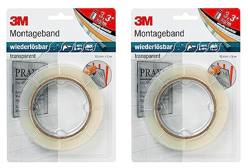 3M Wiederlösbares Montageband, doppelseitiges Klebeband für Innen- und Außenanwendungen, 19 mm x 5 m x 0,8 mm, transparent (2er Pack)