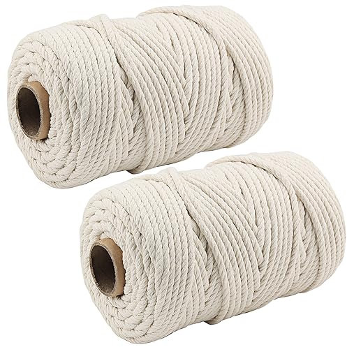 MANCHAP 2 Rolls 6mm x 100m Macrame Cord, 200m/656 Feet 4-Strand Natural Macrame Cotton Cord Rope for Knitting, Gift Wrapping, Wedding Decorations