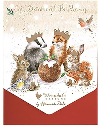 Wrendale - AXNCP024 - Kartenset, Weihnachten, 8 Klappkarten mit Umschlag, Eat, Drink and be Merry, 15cm x 10,5cm