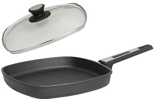 SKK flache Bratpfanne 28x28 cm 2-tlg. - ohne Induktion - viereckige beschichtete Aluguss Grillpfanne & Deckel mit Edelstahlrand - Made in Germany
