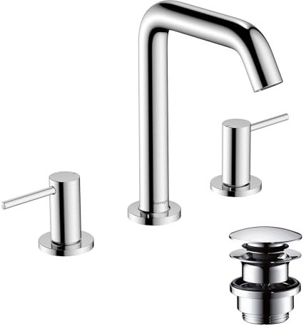 hansgrohe Tecturis S - 3-Loch Waschtischarmatur mit Push-Open Ablauf, Wasserhahn Bad mit Auslauf Höhe 150mm, Mischbatterie Waschbecken wassersparend (EcoSmart+), Chrom