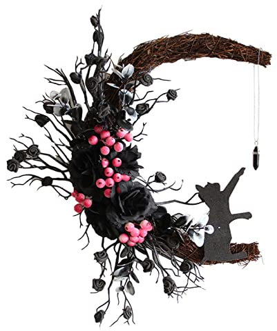Halloween Türkranz ,Katzen Mondkranz ,Halloween-Mond-Kranz mit Katzen Gothic Rose Mond Katze Rosenkranz Herbst Dekorationen Haustür Weihnachtsgirlanden Wanddekoration für Innen (04-Black, One Size)