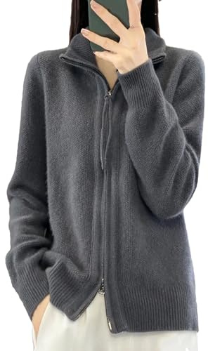 Alloaone Ståkrage för kvinnor cardigan ull dragkedja lös långärmad kashmir stickad bottentröja, Mörkgrå9, XL