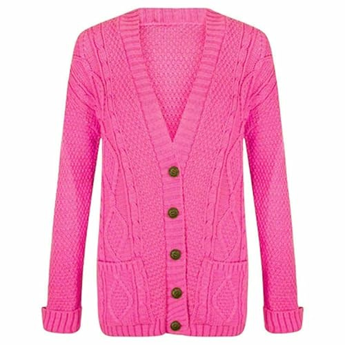 Womens Ladies Knitted Chunky Button GRANDED Cable Cardigan Top Plus Size 8-22(Fuchsia Size-16)