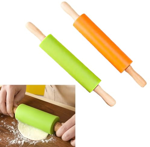 Vastsea 2 Stücke Teigroller Silikon, Backrolle Nudelholz, Silikon Nudelholz, Anti-Schimmel und Anti-Rost, Wiederverwendbar, Gelten für Kuchen Backen Pizza Fondant Cookie (Hellgrün + Orange)