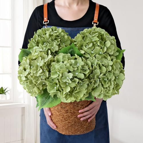 JINWOE Hortensias Artificiales de Flores Verdes, 5 Piezas de Flores de Seda sintética realistas de 20 Pulgadas, hortensias Artificiales Completas para centros de Mesa de Ramo, Interiores, Primavera