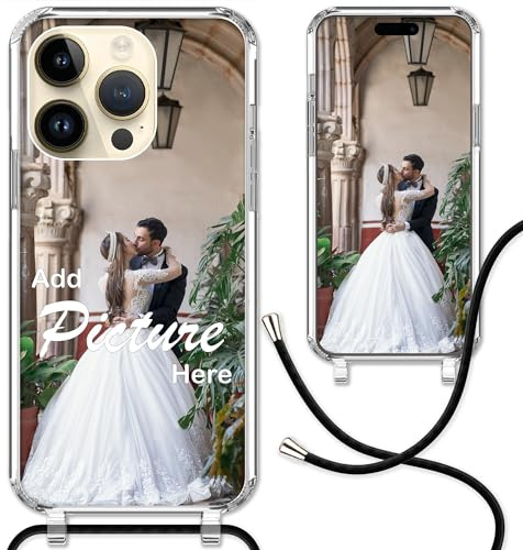 CoverHeld iPhone 14 Pro Handyhülle mit Band selbst gestalten aus Silikon Hülle mit deinem Bild/Design personaliseren und einzigartig Machen/Handykette Kordel Band in Schwarz