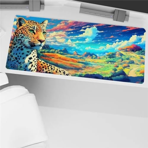 Mauspad XXL Mauspad Gaming 600x300x2mm, Mousepad XL mit Vernähte Kanten, rutschfeste Schreibtischunterlage Große für Verbessert Präzision (Leopardenlandschaft)