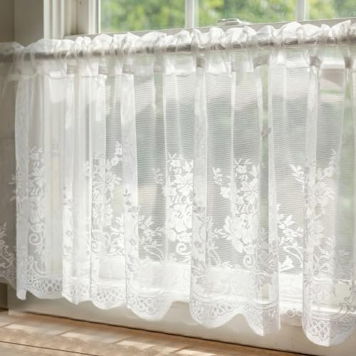 Molaxhome Spitze Scheibengardinen Kurzstores Jacquard Valance für Küche | Halbtransparent Küchengardinen, Bistrogardine Fenstervorhang, Cafe Vorhänge, Fensterschal mit Kante, Blume Valance