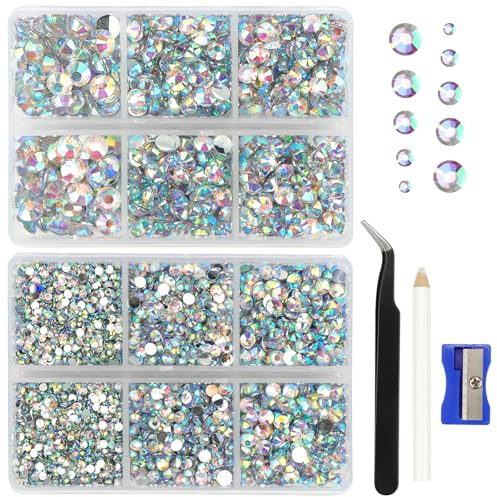 LPZMPZ Strasssteine für Textilien Glitzersteine zum Basteln Rhinestones | Glitzersteine set Gemischt in 5 Größen mit Picking-Pinzette und Wachsstift für DIY, Nägel, Kleidun, SS6-SS30 (Kristall AB)