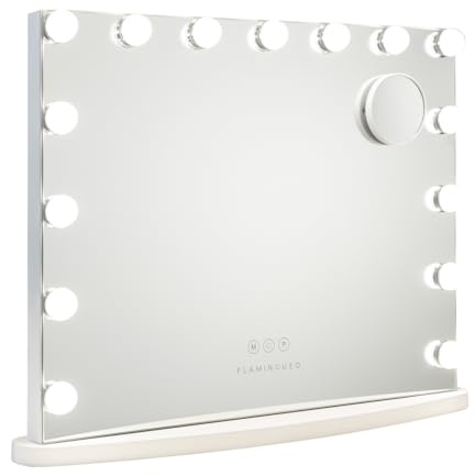 Flamingueo Schminkspiegel mit Beleuchtung - 15 LED - 3 Modi - Einstellbare Intensität - Touch Control - USB Port - Vergrößerungsspiegel Inklusive - Kosmetikspiegel - Ovale Basis - Weiß - 62x15x48cm