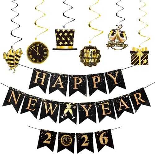 Silvester Deko 2026 Girlande Banner, Happy New Year Girlande Schwarz Gold, Neujahr Deko Hängende Wirbel für Silvester Dekoration, Neujahrsdeko Girlanden,Silvesterdeko,2026 Silvester Party Deko Zubehör