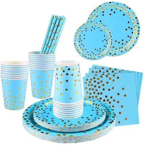 Shodiffy Vajilla de Fiesta, 150 Piezas Platos y Vasos para Cumpleaños, Reutilizable Platos de Papel Servilletas de Vasos Pajitas para Fiestas, Bodas, Aniversarios para 25 Invitados
