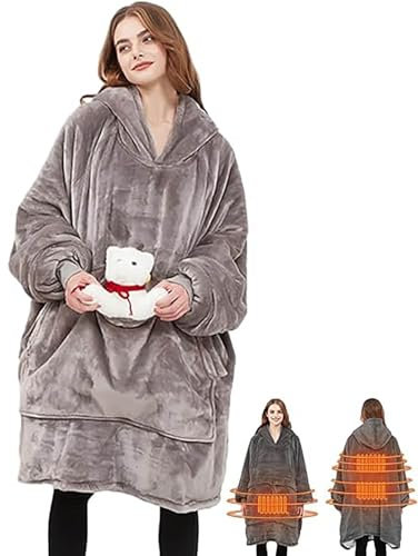Heated Hoodie with Dog Pouch, Cat Hoodie Wearable Heated Blanket for Women and Men, Cozy Fleece Sweatshirt with Pet Pocket (grey)