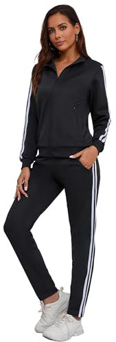 MSKBJT Jogginganzug Damen 2 Teiliges Lounge Set Trainingsanzug Frauen Streifen Sportanzug Fitnessanzug mit Taschen Black-L
