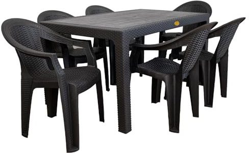 Set da Giardino in Polipropilene Rattan Sintetico, Tavolo 150x90 + 6 Sedie con Braccioli, Esterno e Giardino, Colore Marrone Wengè, Resistente e Facile da Pulire