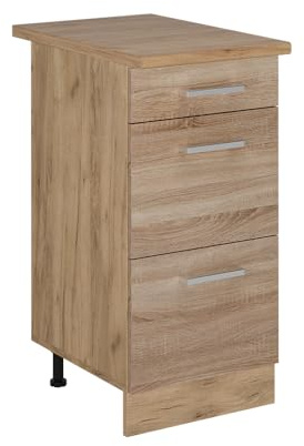 Vicco Küchenunterschrank R-Line, Sonoma, 40 cm | 3 Schubladen · AP Eiche inkl. · Höhenverstellbare Füße · ✓ Leichter Zugriff · ✓ Frei kombinierbar