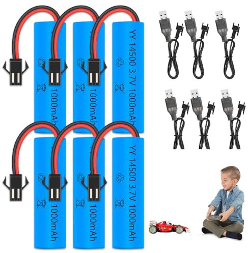 Vmxlso 6 Piezas Bateria 14500 Recargable 3.7v Litio, 1000mAh Bateria 14500 Pilas Recargables, Baterías RC Recargables con 6 Cargadores USB SM-2P Plug, para Coches RC, Tanques, Buggies, Barcos, Robots