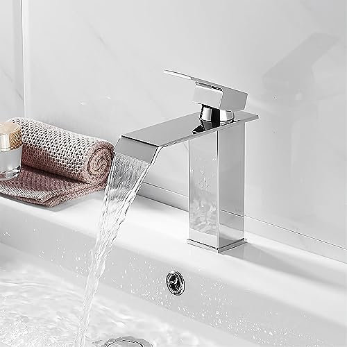 XWIHTR Rubinetto a cascata per bagno, rubinetto per lavabo a una maniglia, risparmio idrico, rubinetto per lavabo, bocca calda e fredda, rubinetto per bagno in ottone in acciaio inox (cromo)