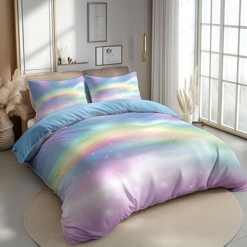 Bettwäsche 200 x 200 cm, Traumregenbogen Sterne Wendebettwäsche, Weiche Kuschelige Mikrofaser Bettbezug Set 3 teilig mit Reißverschluss für Frauen Männer Jugendliche Hellblau