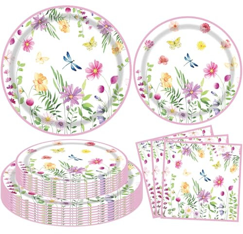 Confezione da 60 piatti di carta e tovaglioli di fiori primaverili per feste in giardino Set di stoviglie a tema fiori selvatici Set da tavola floreale primaverile baby shower compleanno tea time