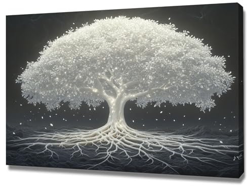 WUFIEA Albero Della Vita Quadri, Albero luce argento Decorazione Murale Camera da letto Soggiorno Quadro - 60x80cm Incorniciato(Bianco)