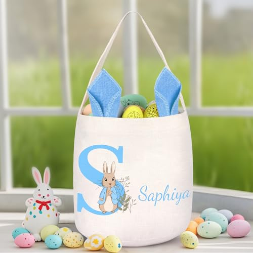 NGTSFLY Personalised Easter Egg Hunt Basket Customised Easter Baskets for Kids Girls Boys Custom Easter Gift Bags Large with Name Customisable Linen Easter Party Bags (Blue)