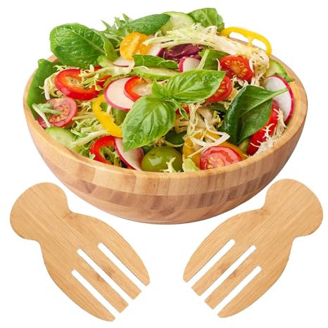 VAVPUP 3pcs Wood Salad Bowl Set with Salad Spoon & Fork Family-Sized,Natural Wood Grain Bowl,9.84 Large Mixing Bowl for BBQ,Picnic,Camping,Fruits,Vegetables Salads (25cm 3 pcs Set)