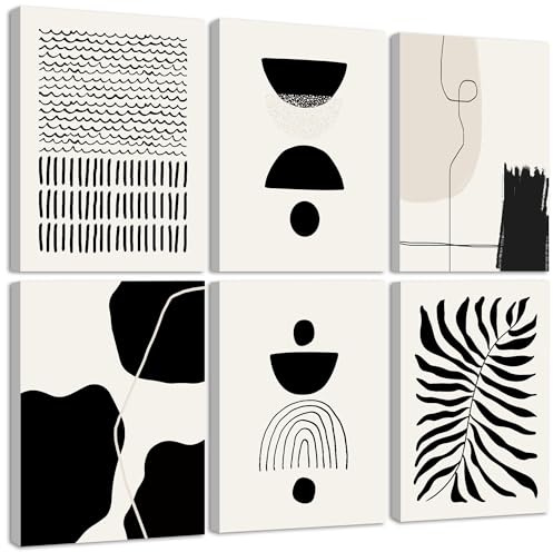 KUVIOKE Black Abstract Framed Wall Art Boho Room Decor Set of 6 Minimalist Geometric Line Art Bohemian Mid Century Modern Prints for Bedroom Living Room 8x10in