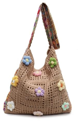 JTKSSCS Borsa Uncinetto Borsa a Mano all'Uncinetto con Fiori da Donna, capacità: Borsa a Tracolla Lavorata a Maglia, Elegante(Brown)