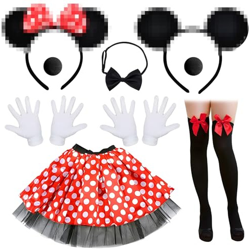 DONCOO Mouse Karneval Kostüme Damen Set Erwachsene Faschingskostüme Mit 2 Maus Ohren+2 Nase+2 Paar Handschuhe+Tutu Tüllrock+Fliege Schleife+Strümpfe Für Cosplay Fasching Mottoparty Karneval Halloween