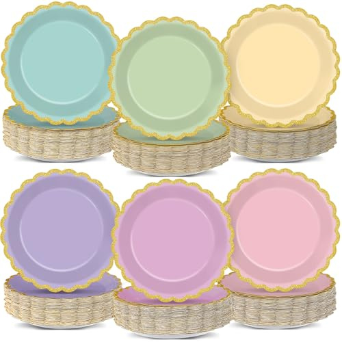 70PCS Pastel Paper Plates 7 Inch Gradient Rainbow Party Plates Scalloped Dessert Plates Disposable Tableware Set for Pastel Birthday Party Decorations Wedding Engagement Baby Shower Supplies 6 Colors