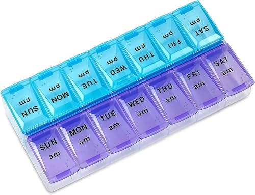 VINPAM Weekly Pill Organiser - 7 Day AM/PM Tablet Box, 14 Compartments Dosette Box for Daily Medication & Travel,Compact Pill Case for Vitamins (Blue-Violet)