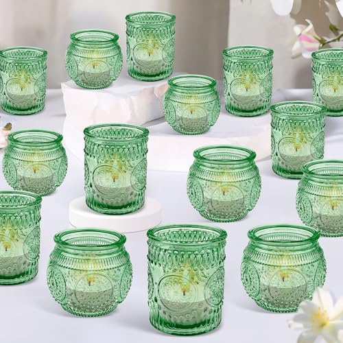 36 Set Green Tealight Candle Holders, 6 x 7 cm Glass Votive Candle Holders Decorations Bulk, Vintage Embossed Tea light Holder for Wedding Church Table Centerpiece Birthday Party Home Décor Gift